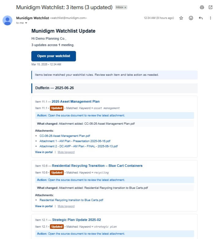 Screenshot of a Munidigm watchlist alert email in Gmail. The email headline says “Munidigm Watchlist Update” and shows 3 updates across 1 meeting, with a blue “Open your watchlist” button. Below are update cards for Dufferin items including “2025 Asset Man