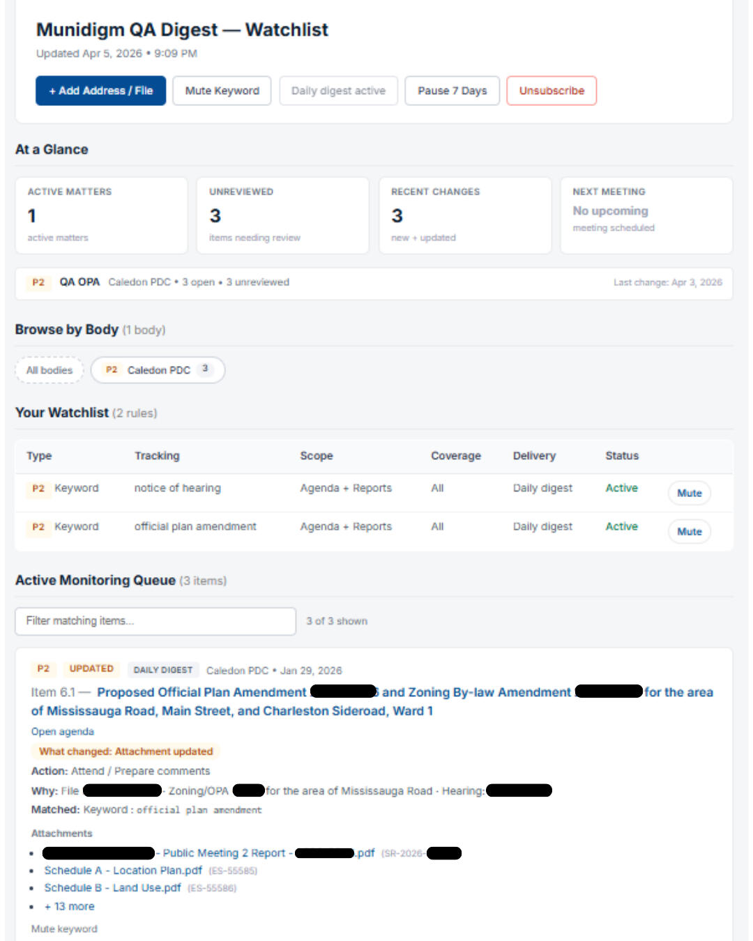 Munidigm watchlist portal example Screenshot of the Munidigm watchlist portal for a demo customer. The page shows a “Your Watchlist” table with four active keyword rules, including asset management, recycling, strategic plan, and point-in-time, with delivery settings like instant and daily